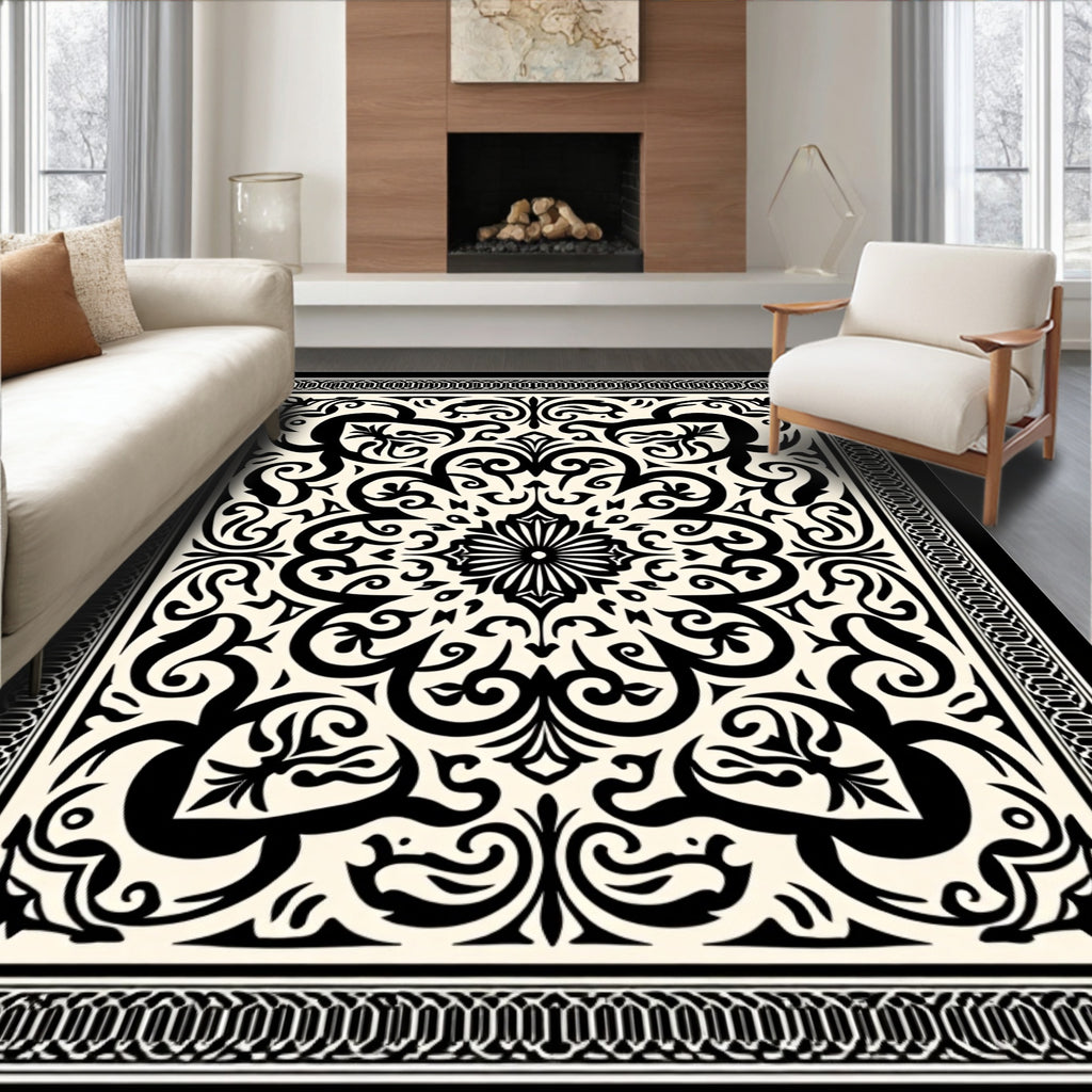 Intricate Black Cream Floral Mandala Rug