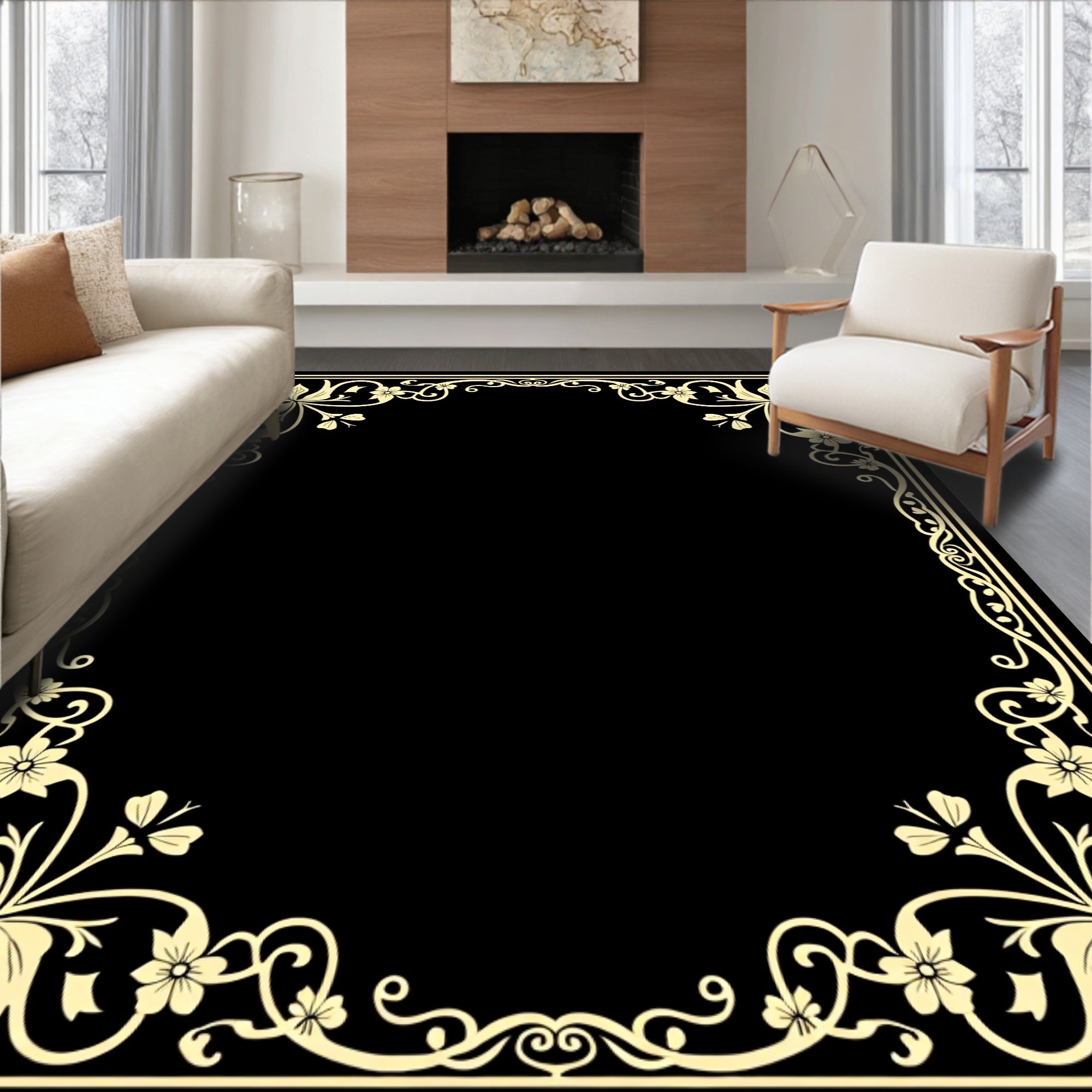 Elaborate Floral Vine Border Design Rug