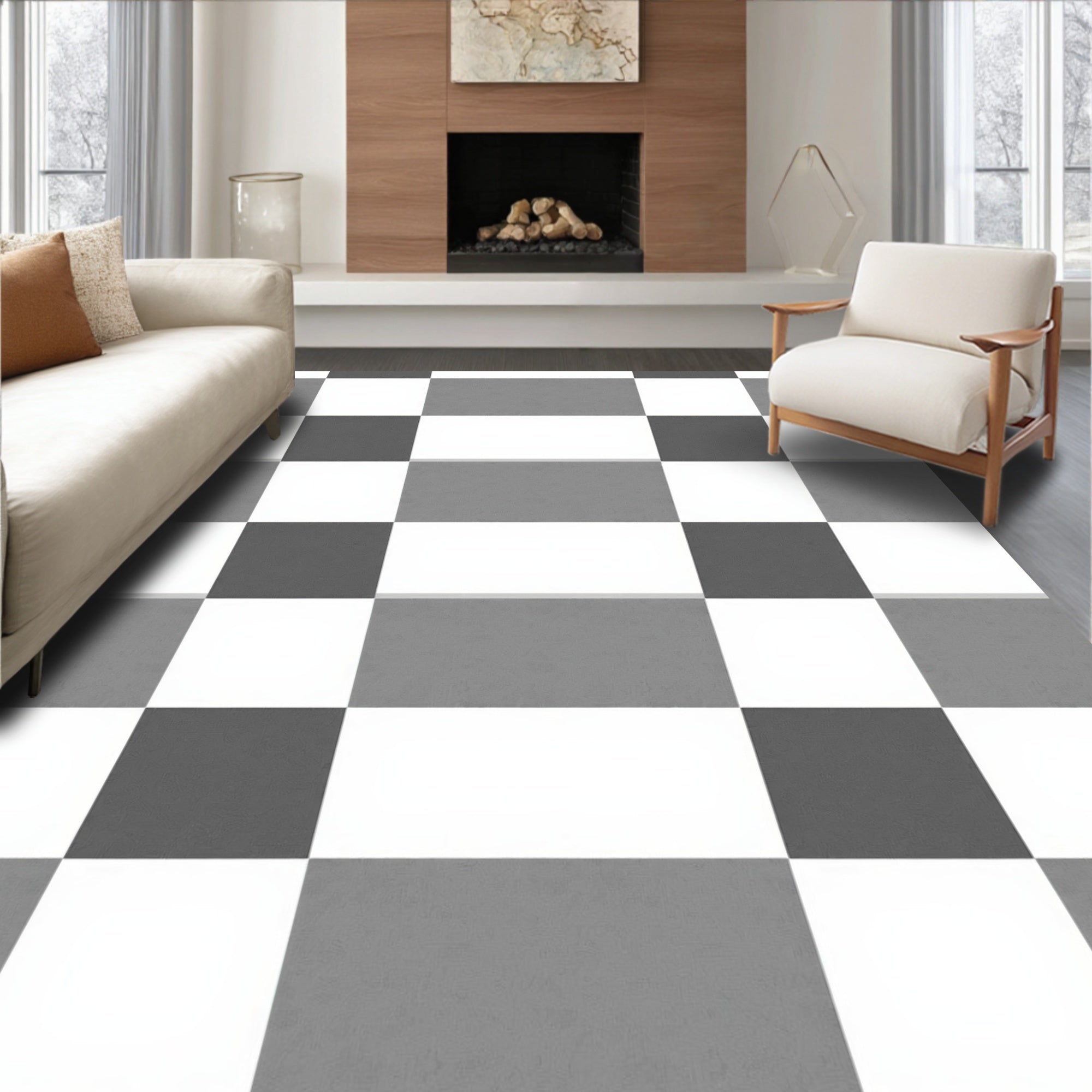 Classic Black White Checkered Pattern Rug