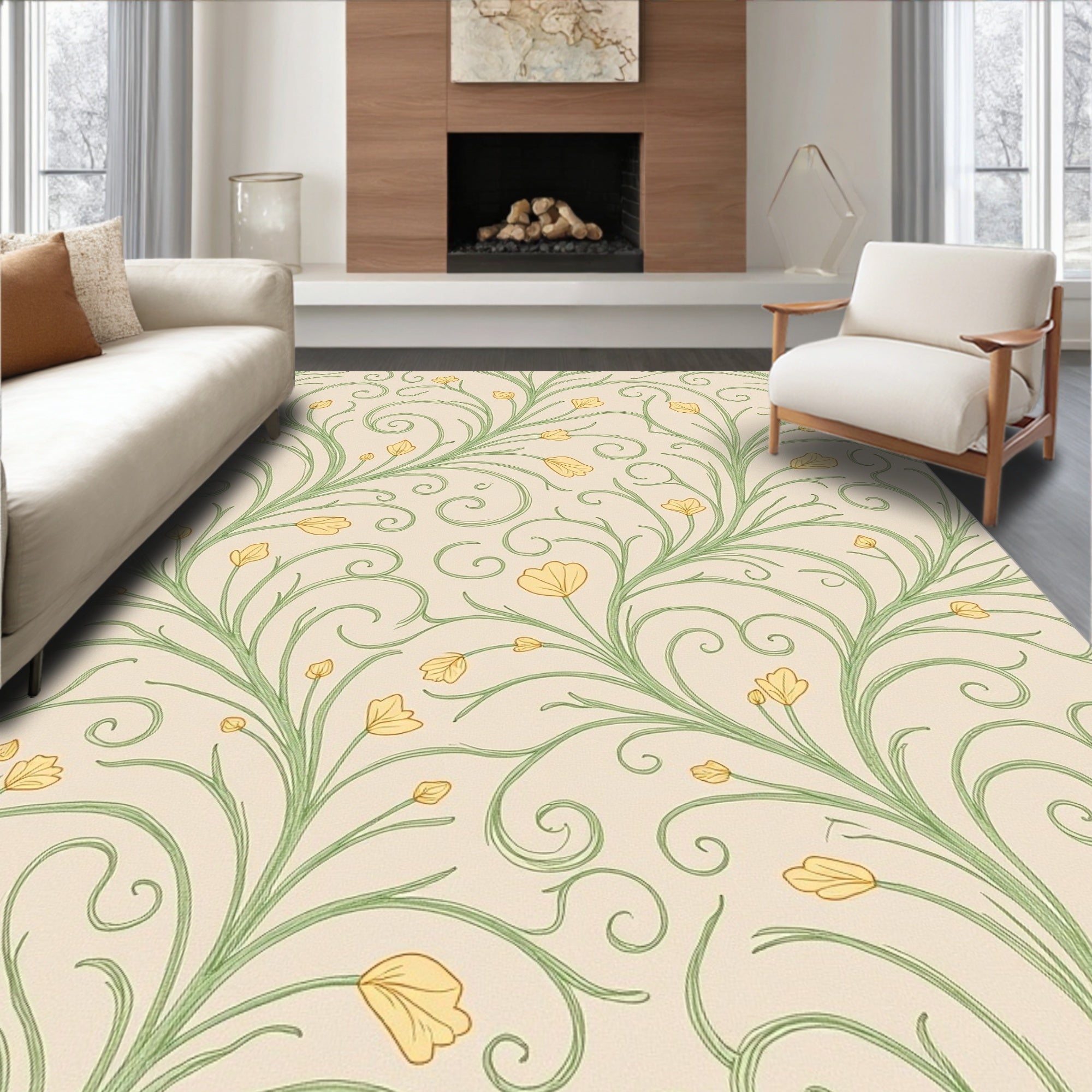 Delicate Yellow Floral Swirl Pattern Rug