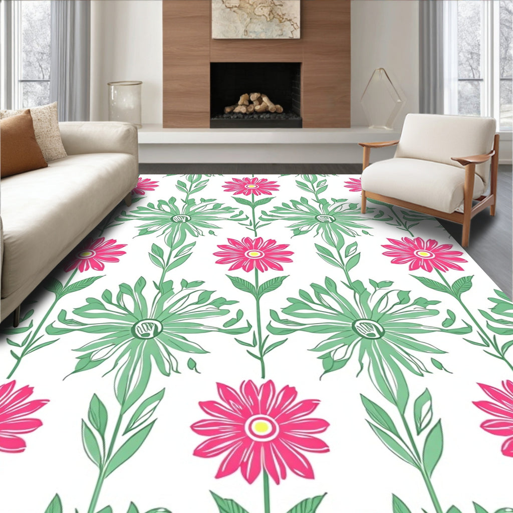 Pink Green Floral Patterned Design Rug