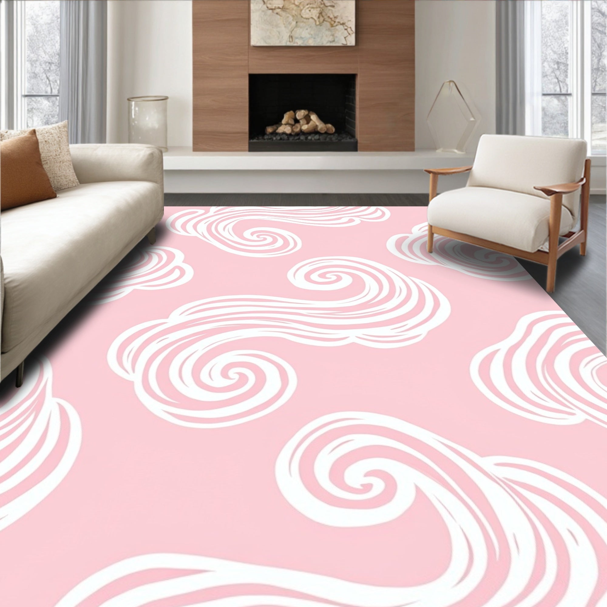 Pink White Swirling Cloud Pattern Rug