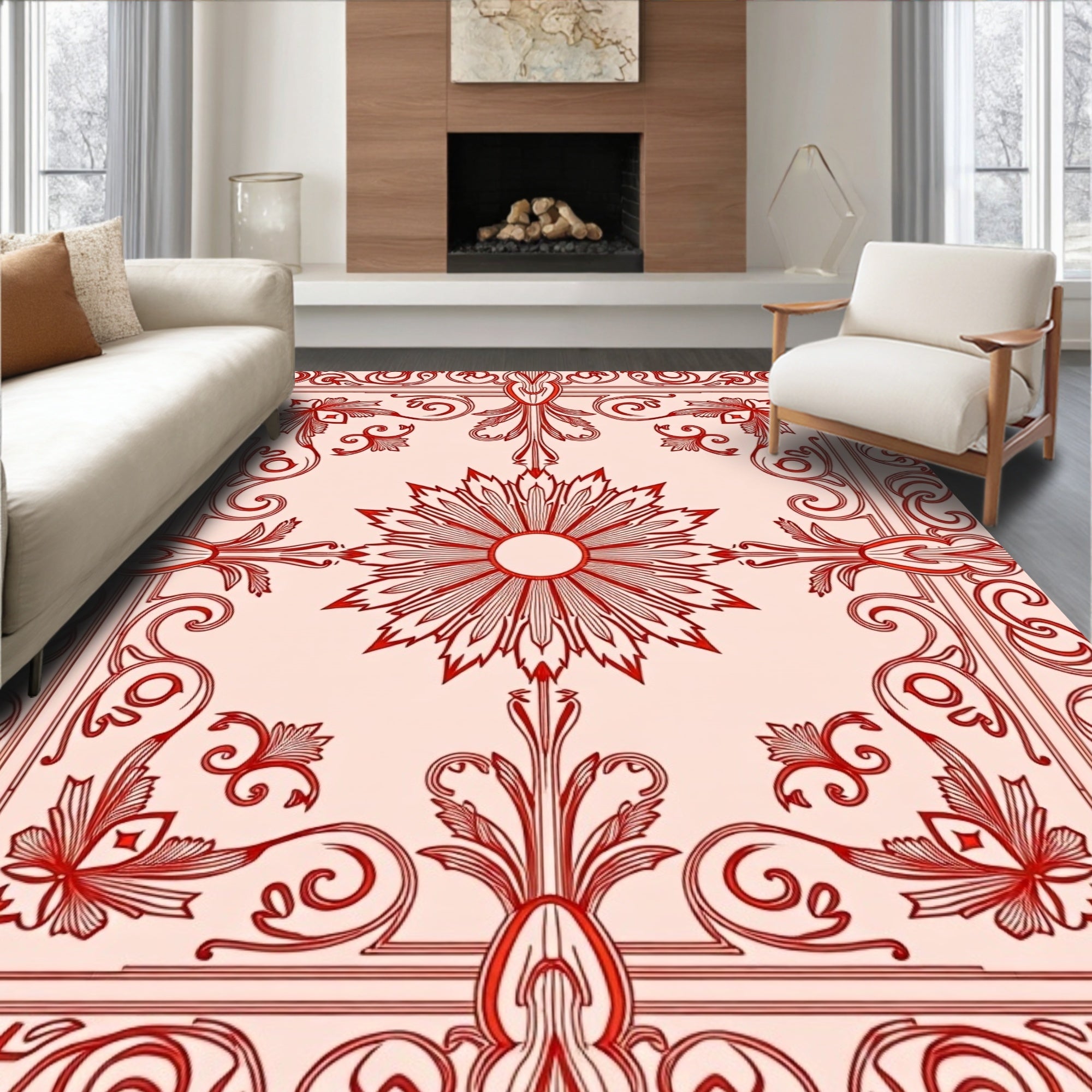 Classic Red Floral Border Design Rug