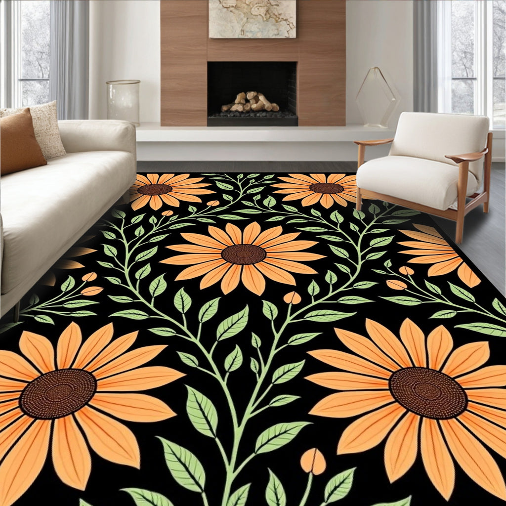 Orange Sunflower Vintage Floral Print Rug