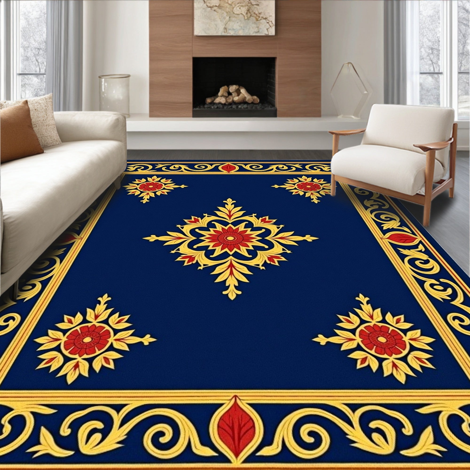 Ornate Floral Blue Gold Rug
