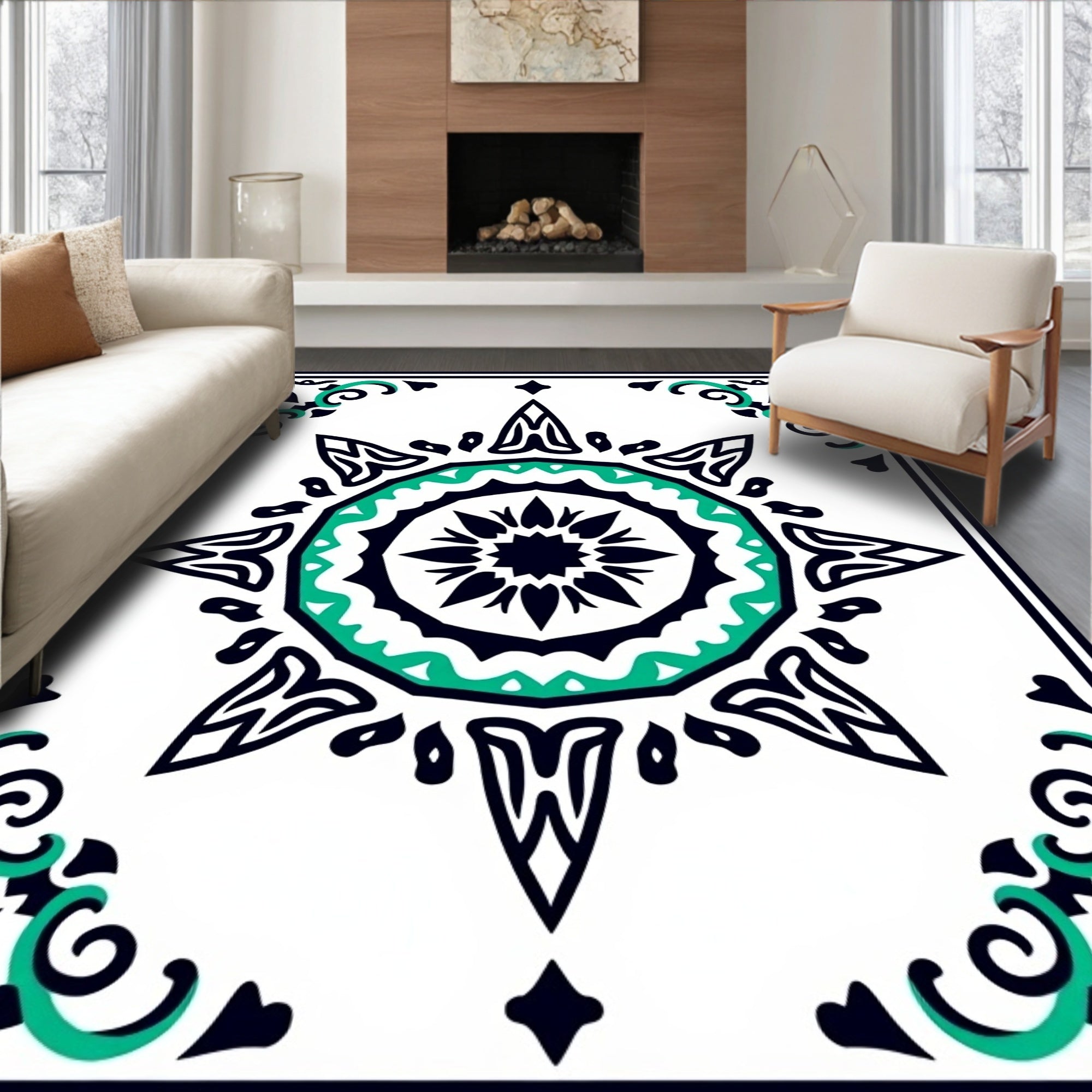 Mint Green Black Sunburst Design Rug