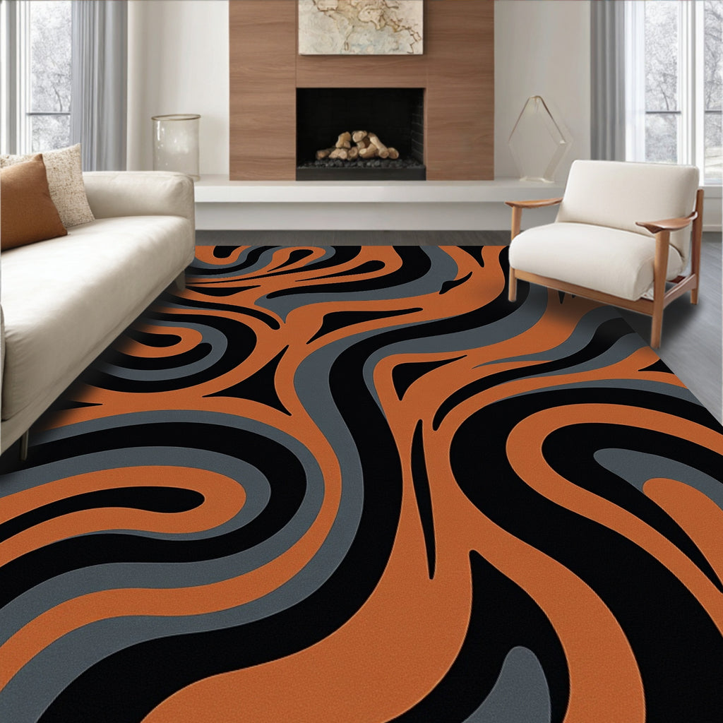 Wavy Abstract Black Orange Grey Pattern Rug