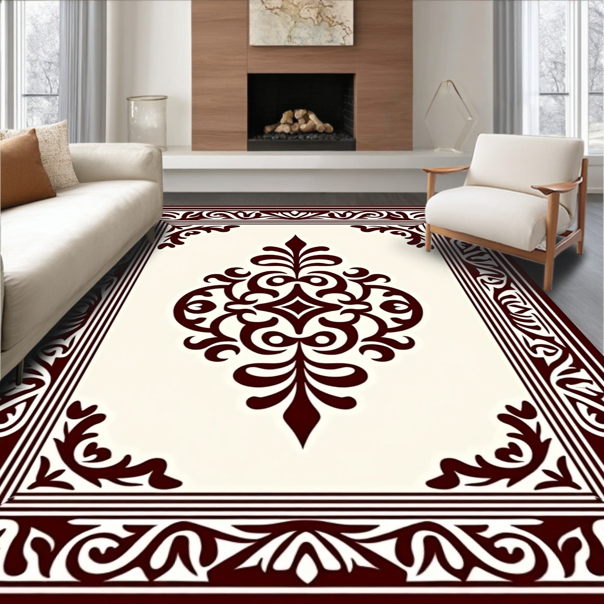 Ornate Crimson Scroll Medallion Border Rug