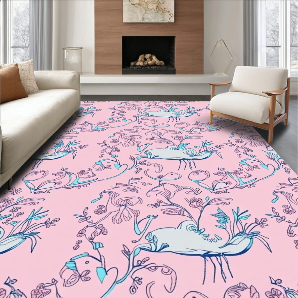 Whimsical Pink Floral Animal Garden Rug