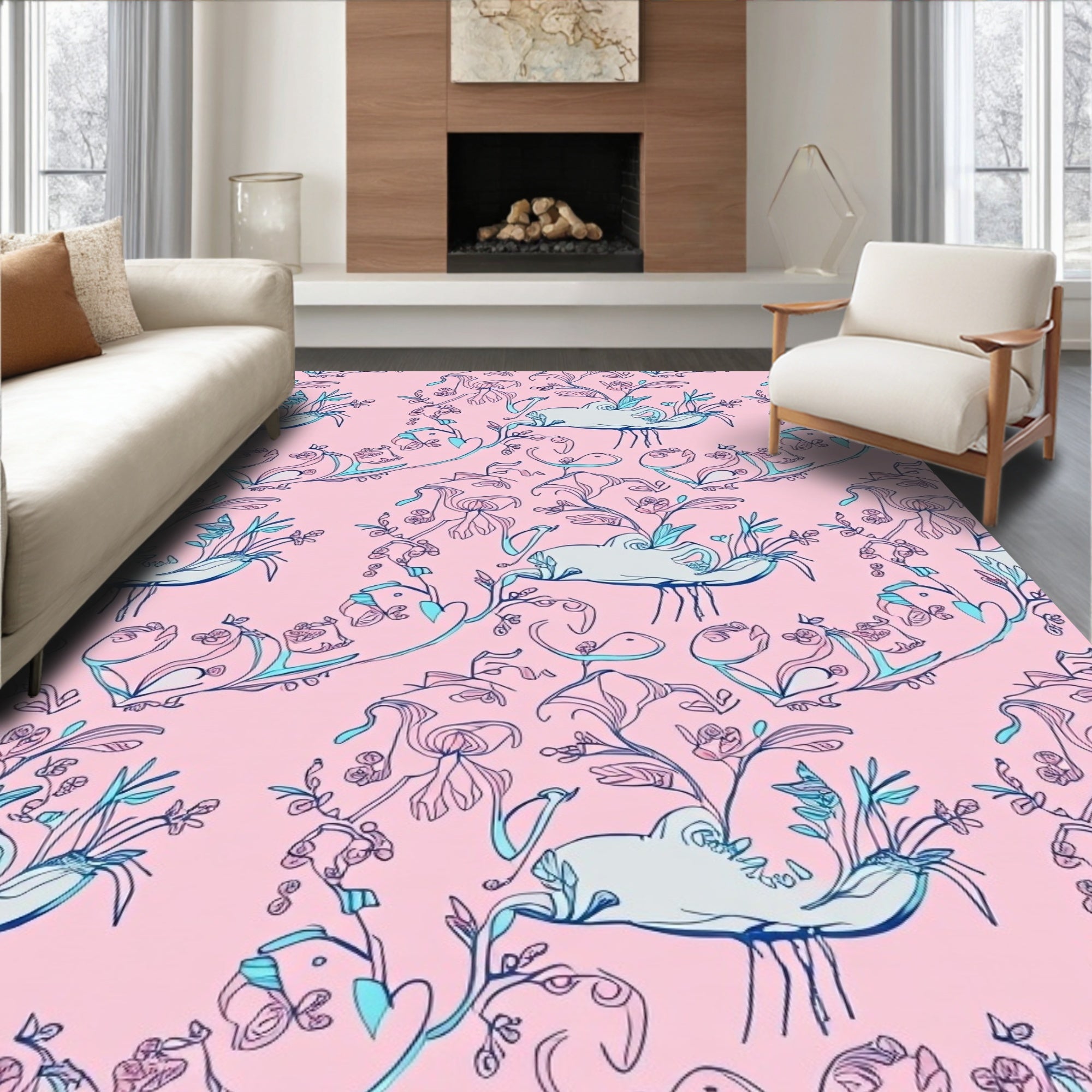 Whimsical Pink Floral Animal Garden Rug