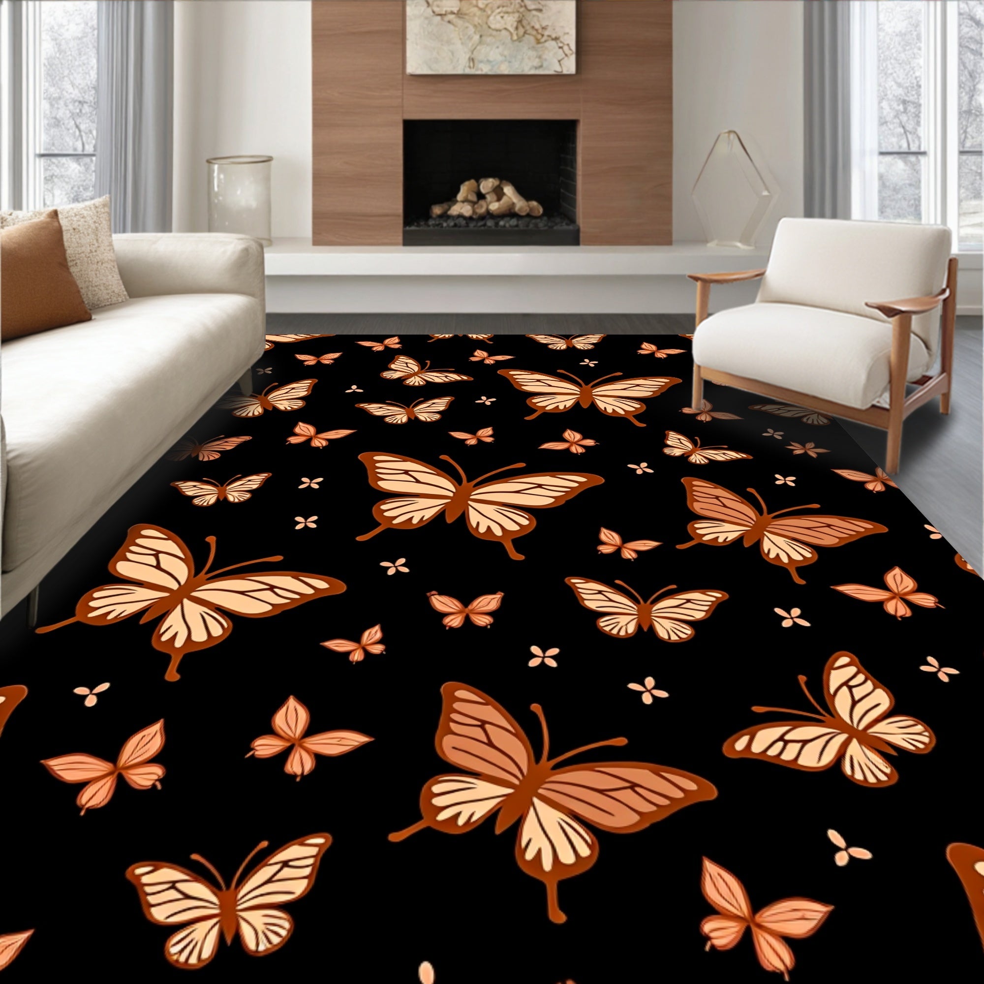 Brown Butterfly Patterned Whimsical Rug