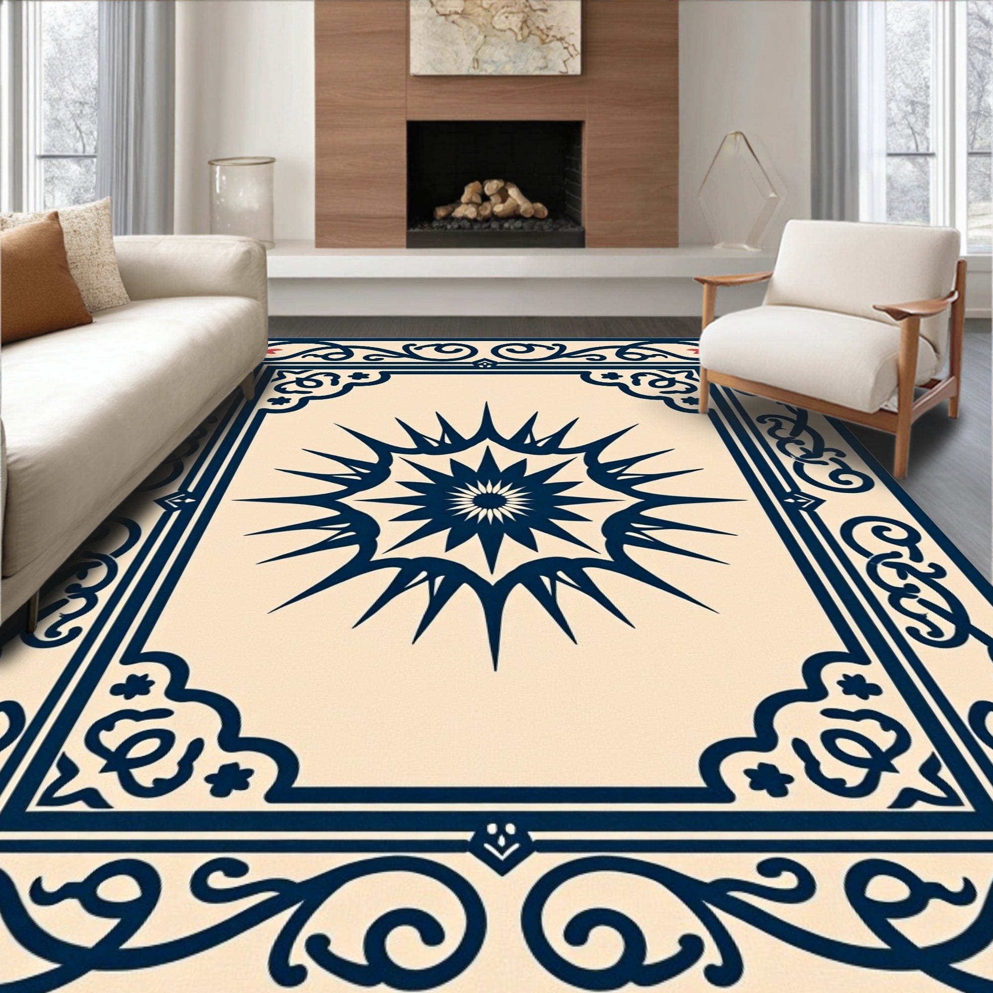 Navy Sun Burst Floral Border Rug