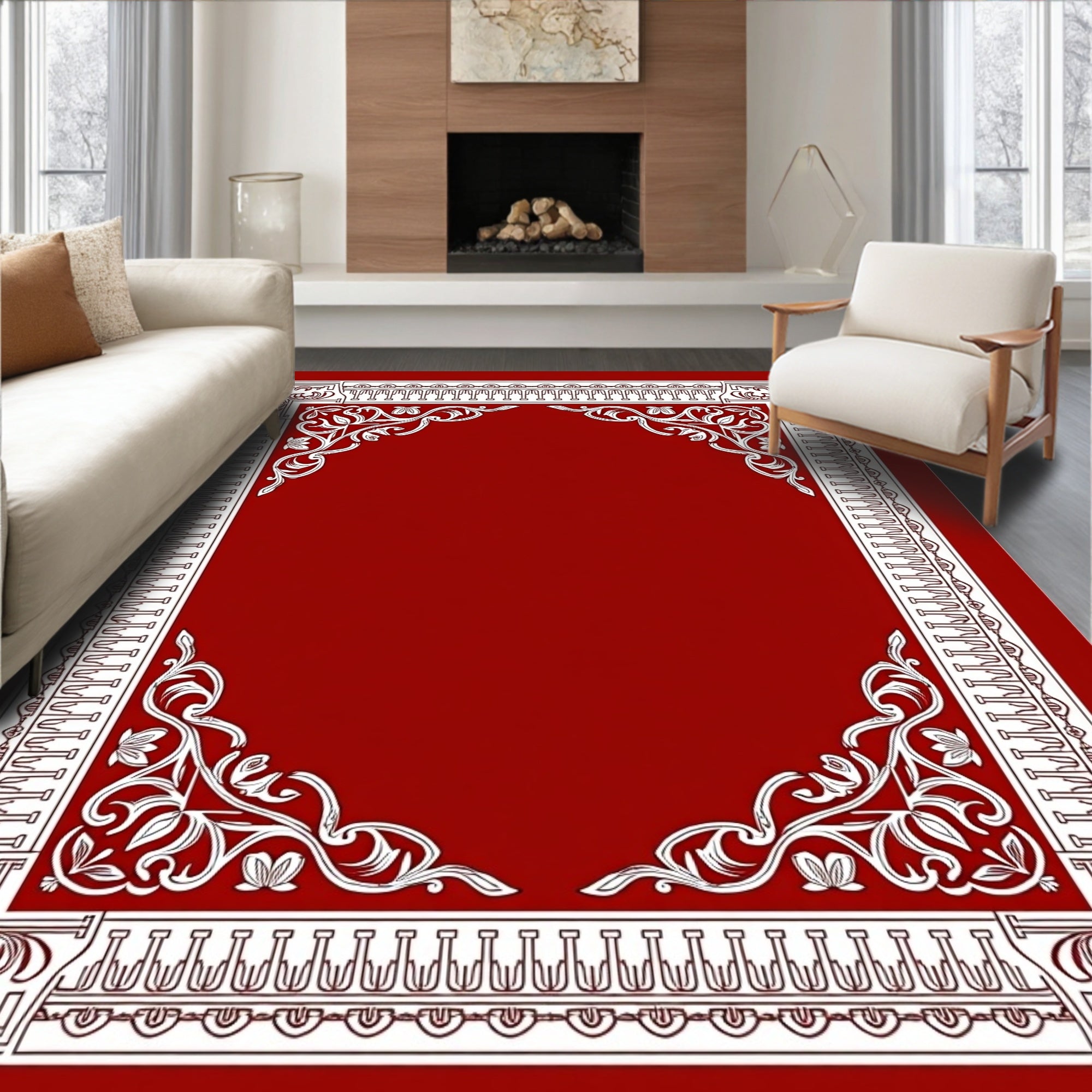 Ornate Floral Border With Geometric Accents Rug