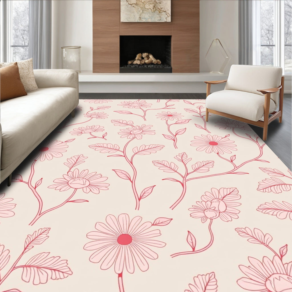 Pink Floral Outline Pattern Rug