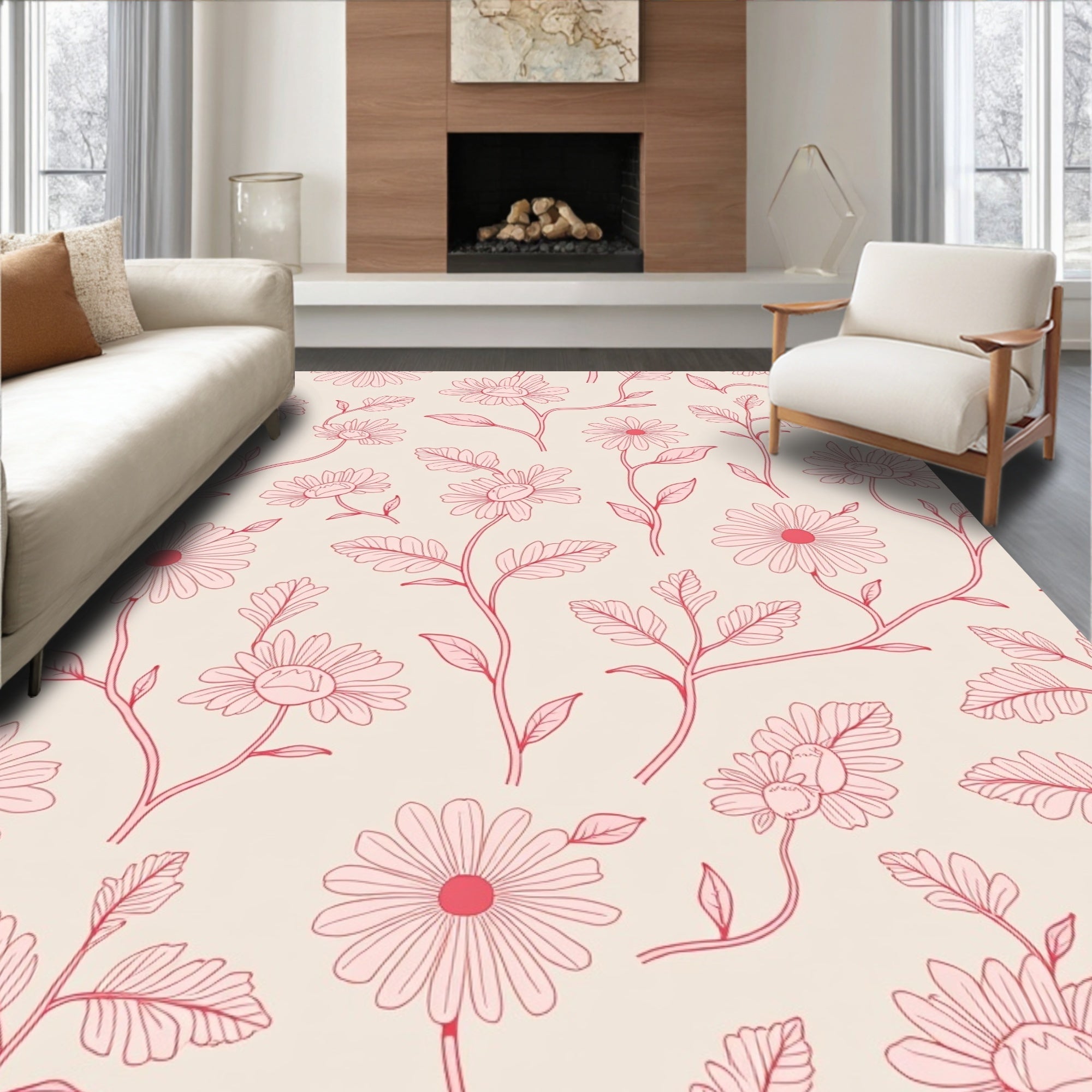 Pink Floral Outline Pattern Rug