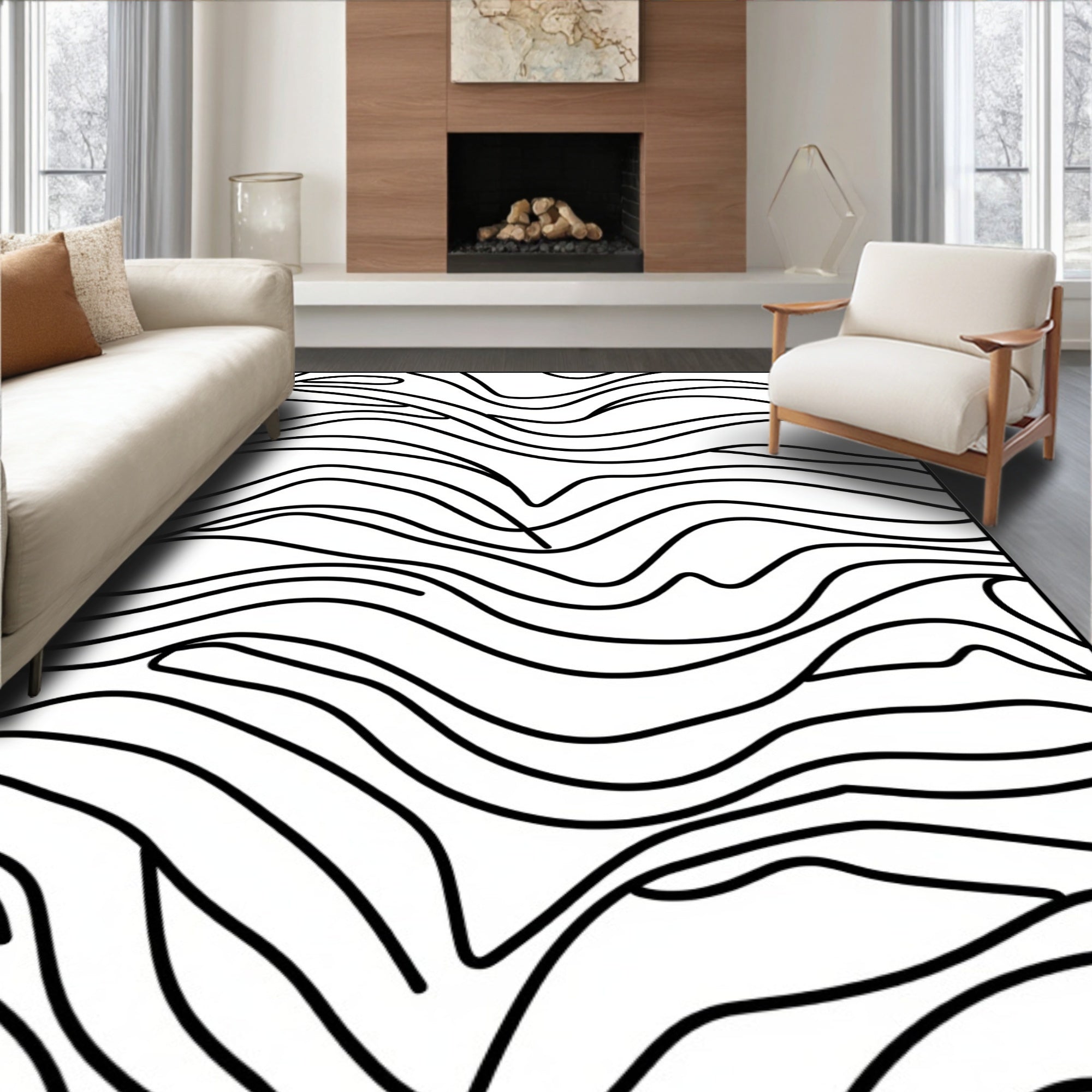Abstract Black Organic Lines Rug