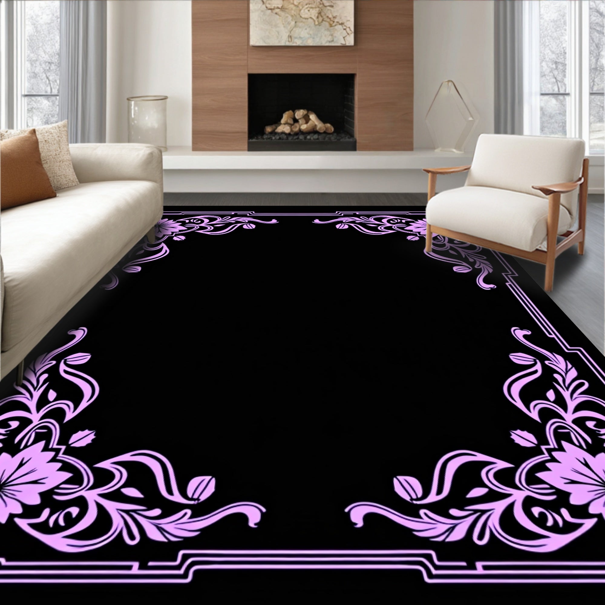 Lavender Floral Swirl Art Deco Design Rug