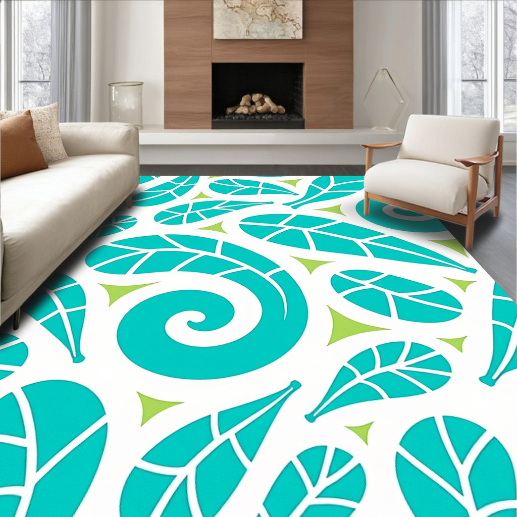 Aqua Leaf and Swirl Pattern Rug