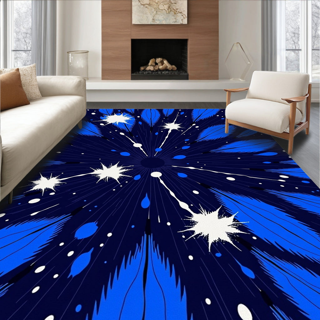 Abstract Blue Feather Burst Pattern Rug
