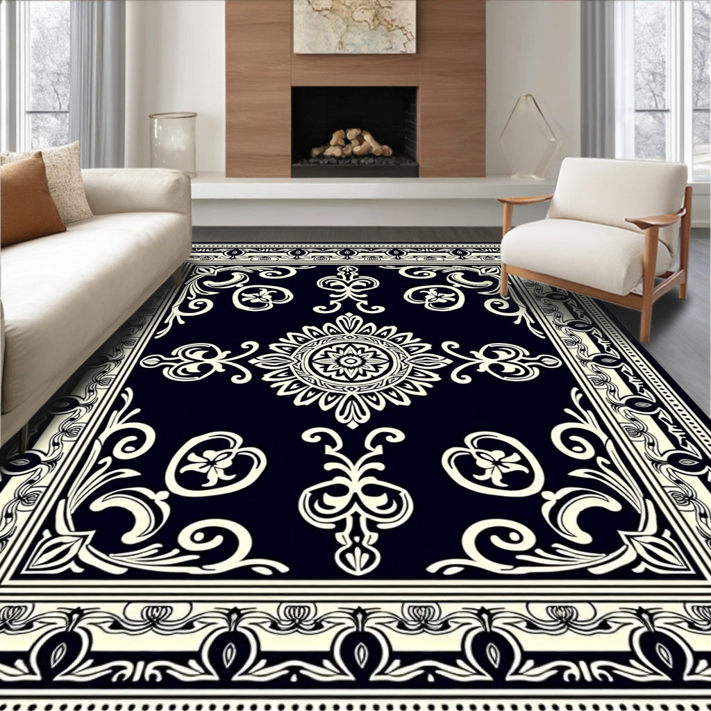 Classic Black Cream Floral Medallion Rug