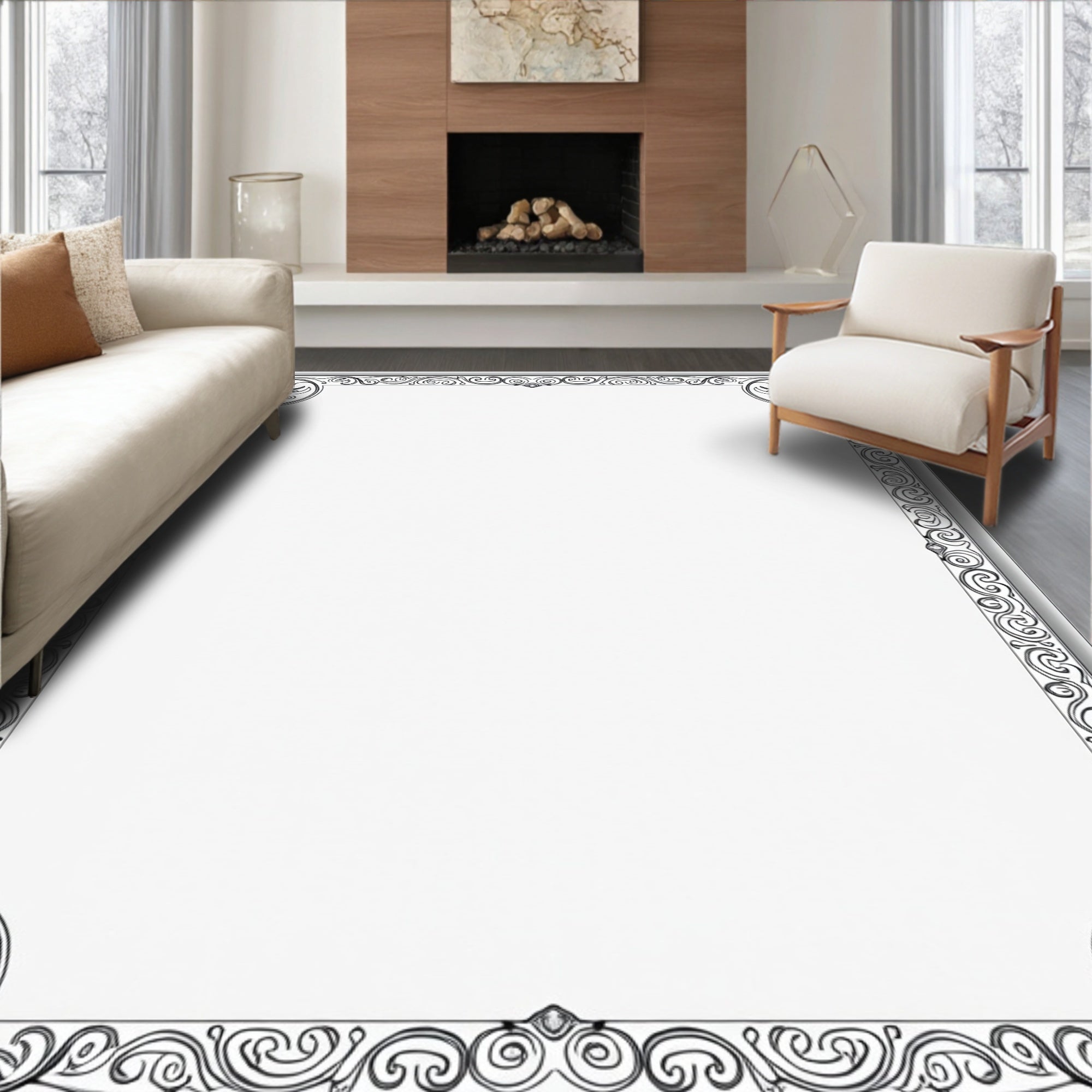 Ornate Black Flourish Scroll Frame Rug