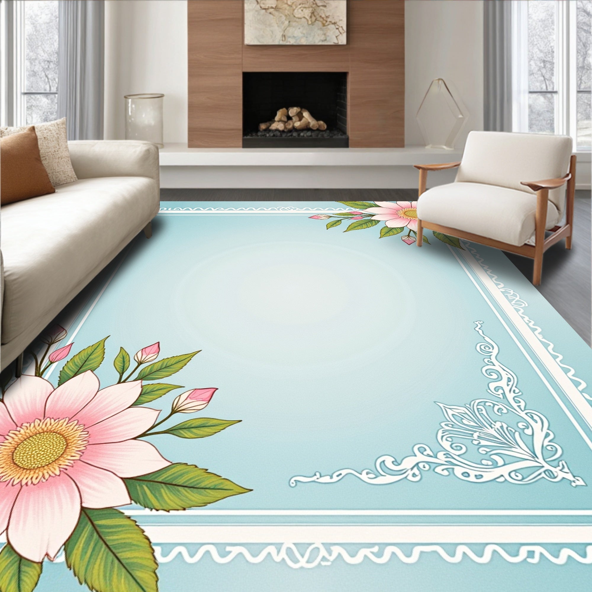 Floral Pastel Blue Decorative Frame Rug