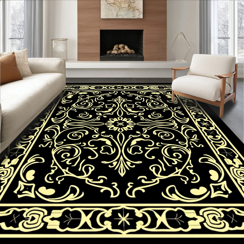 Ornate Golden Floral Vine Pattern Rug