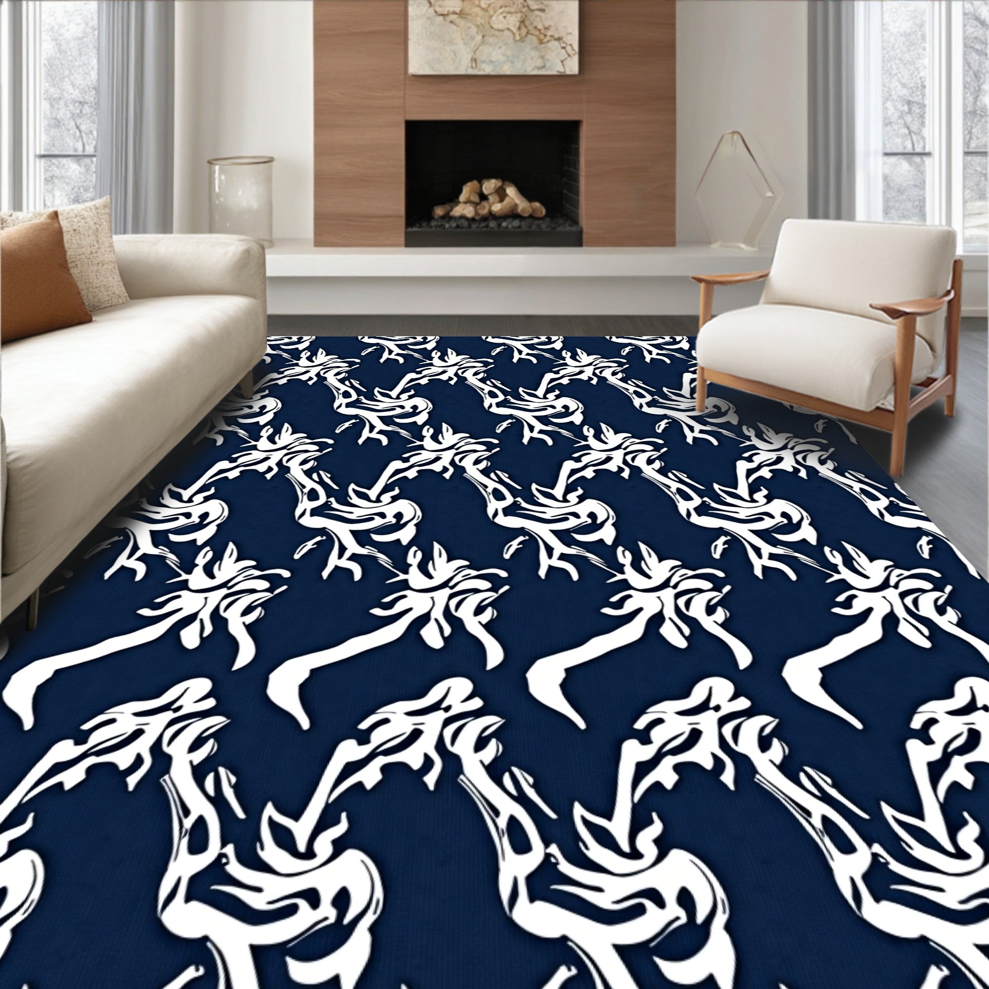 White Abstract Swirls On Navy Rug