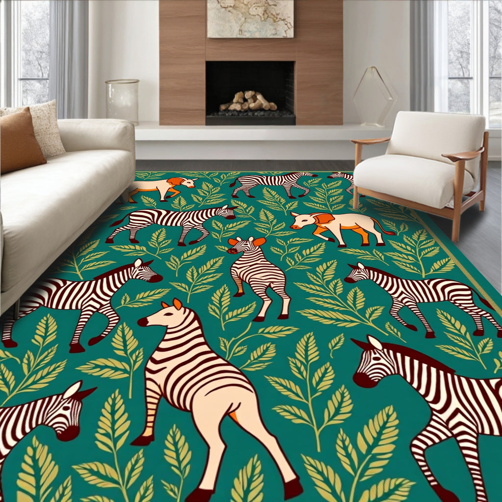 Zebra Pattern with Leafy Greenery Design Rug