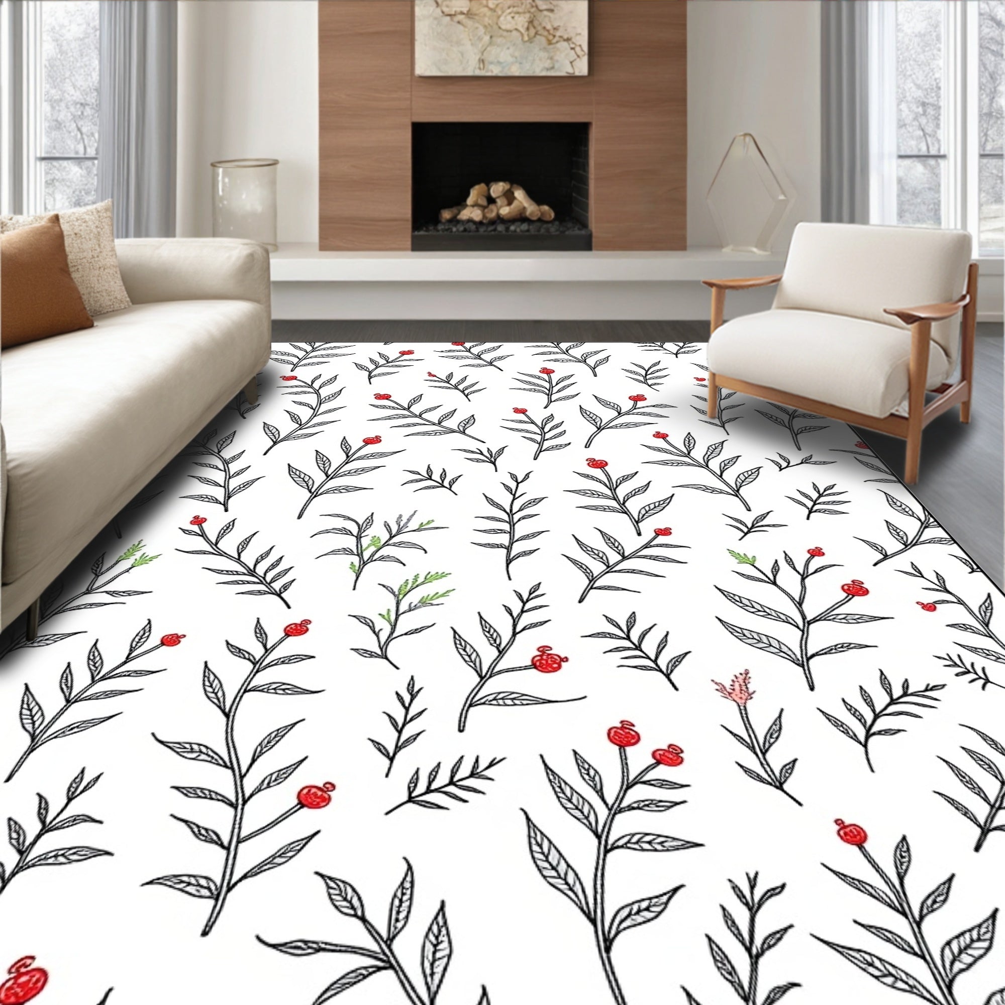 Delicate Red Berry Botanical Sprigs Rug