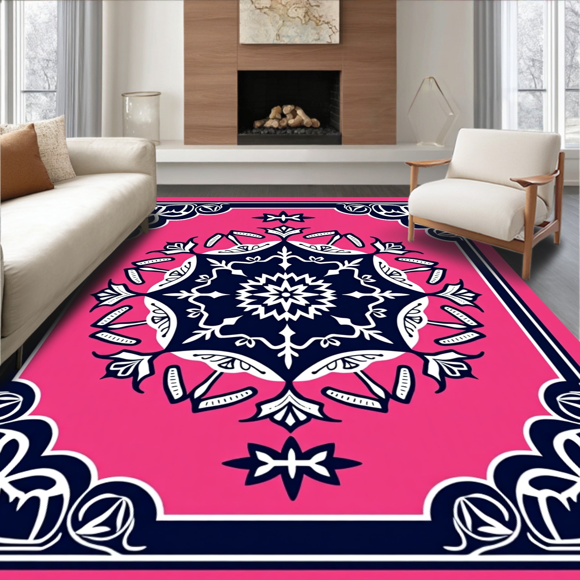 Floral Medallion Pink Navy Rug