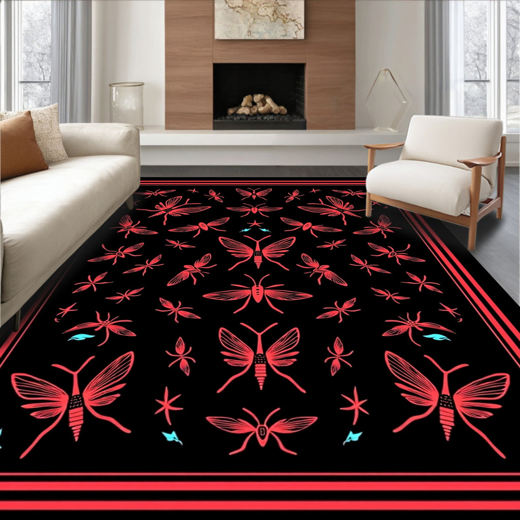 Black Coral Insect Butterfly Pattern Rug