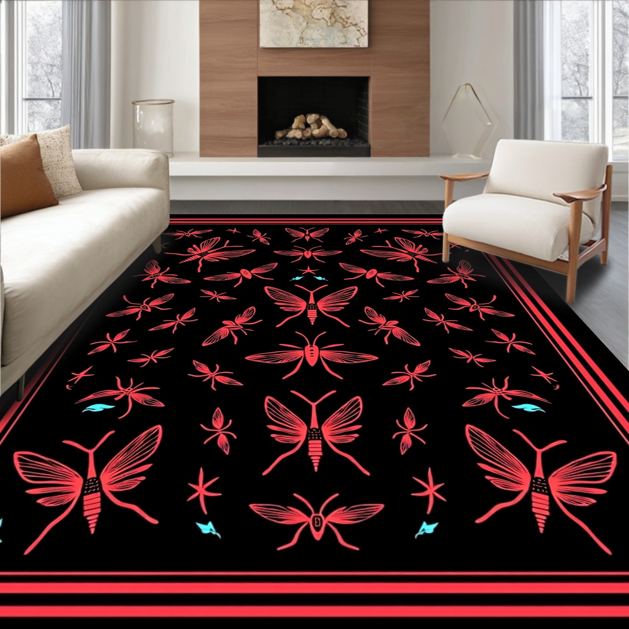 Black Coral Insect Butterfly Pattern Rug