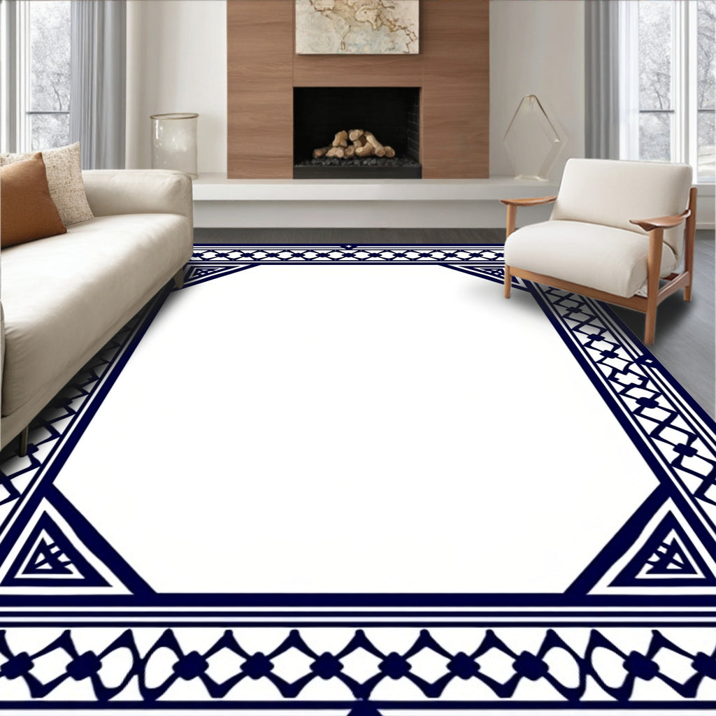 Classic Blue Geometric Border Pattern Rug
