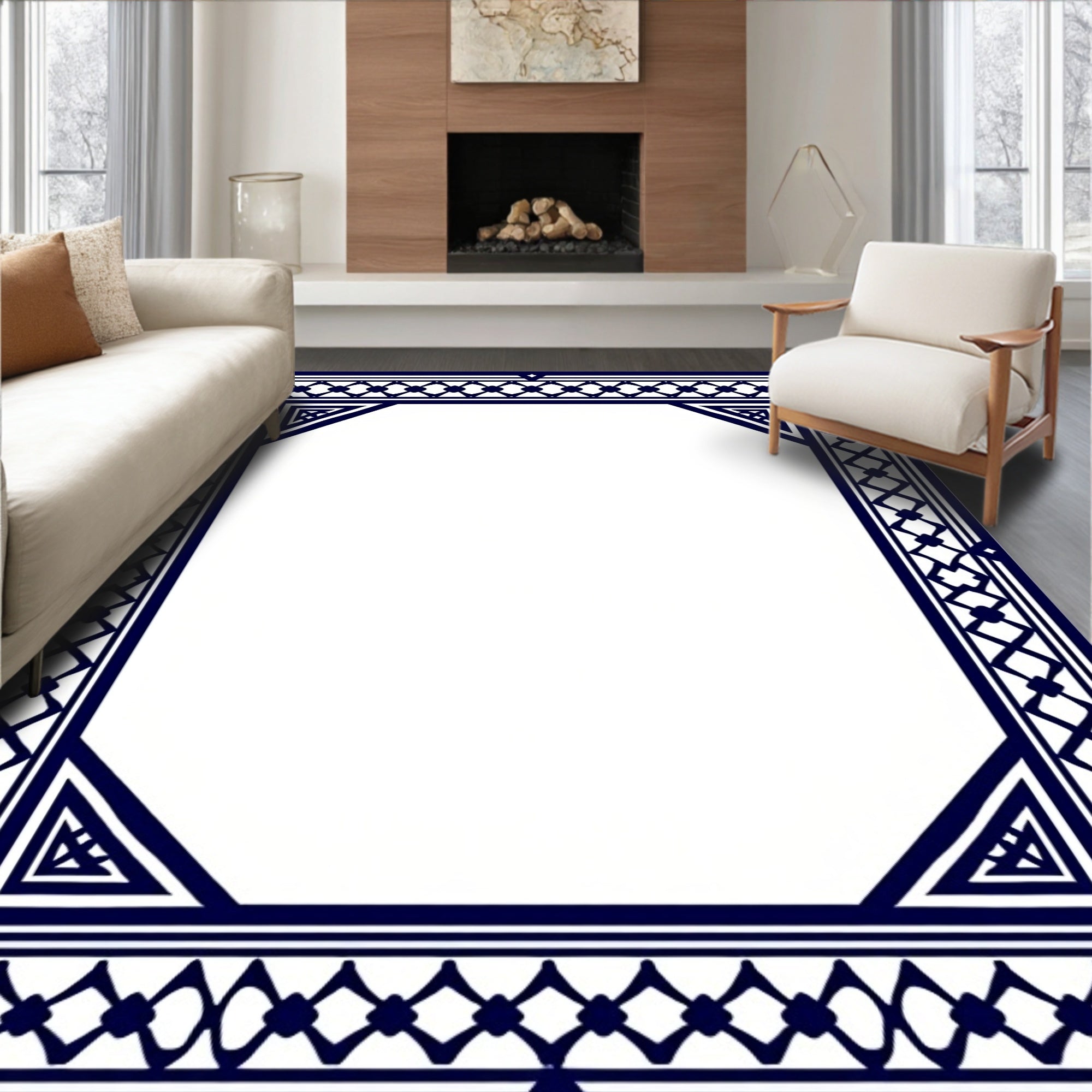 Classic Blue Geometric Border Pattern Rug