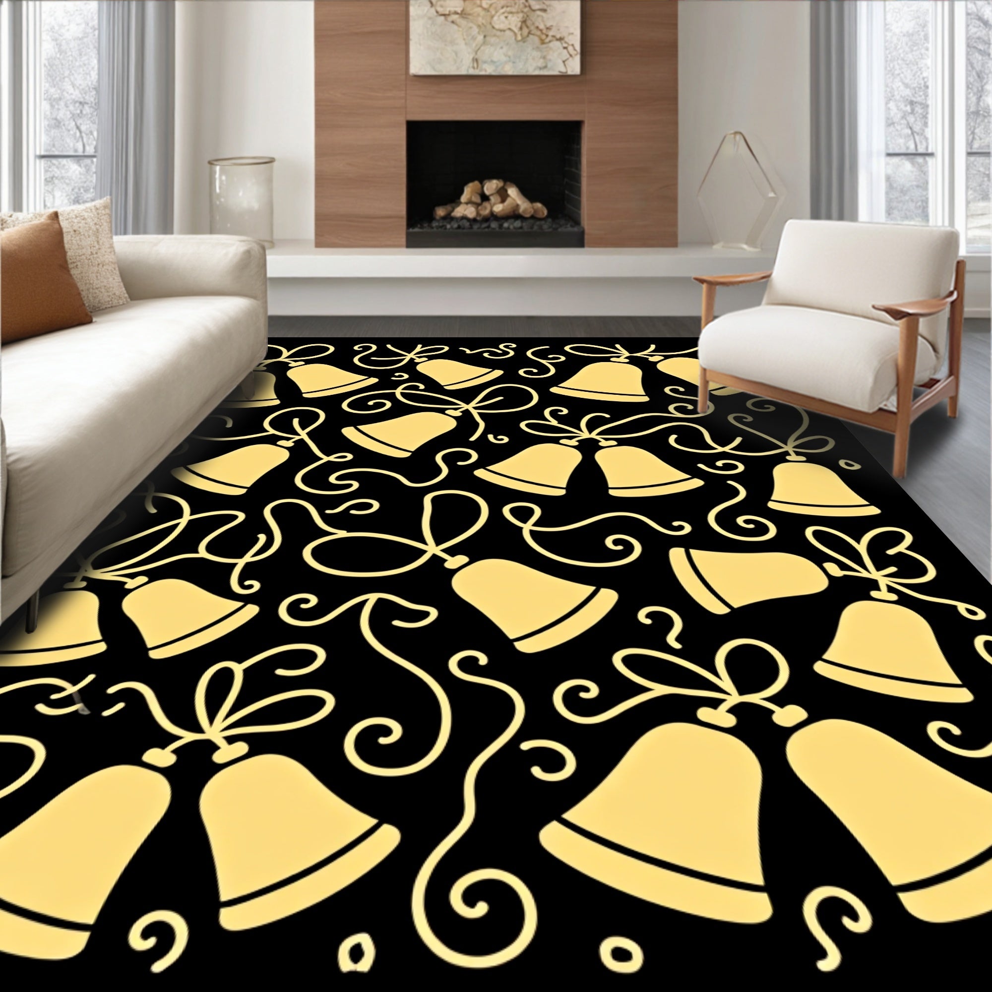 Golden Bells with Swirling Ribbons Rug