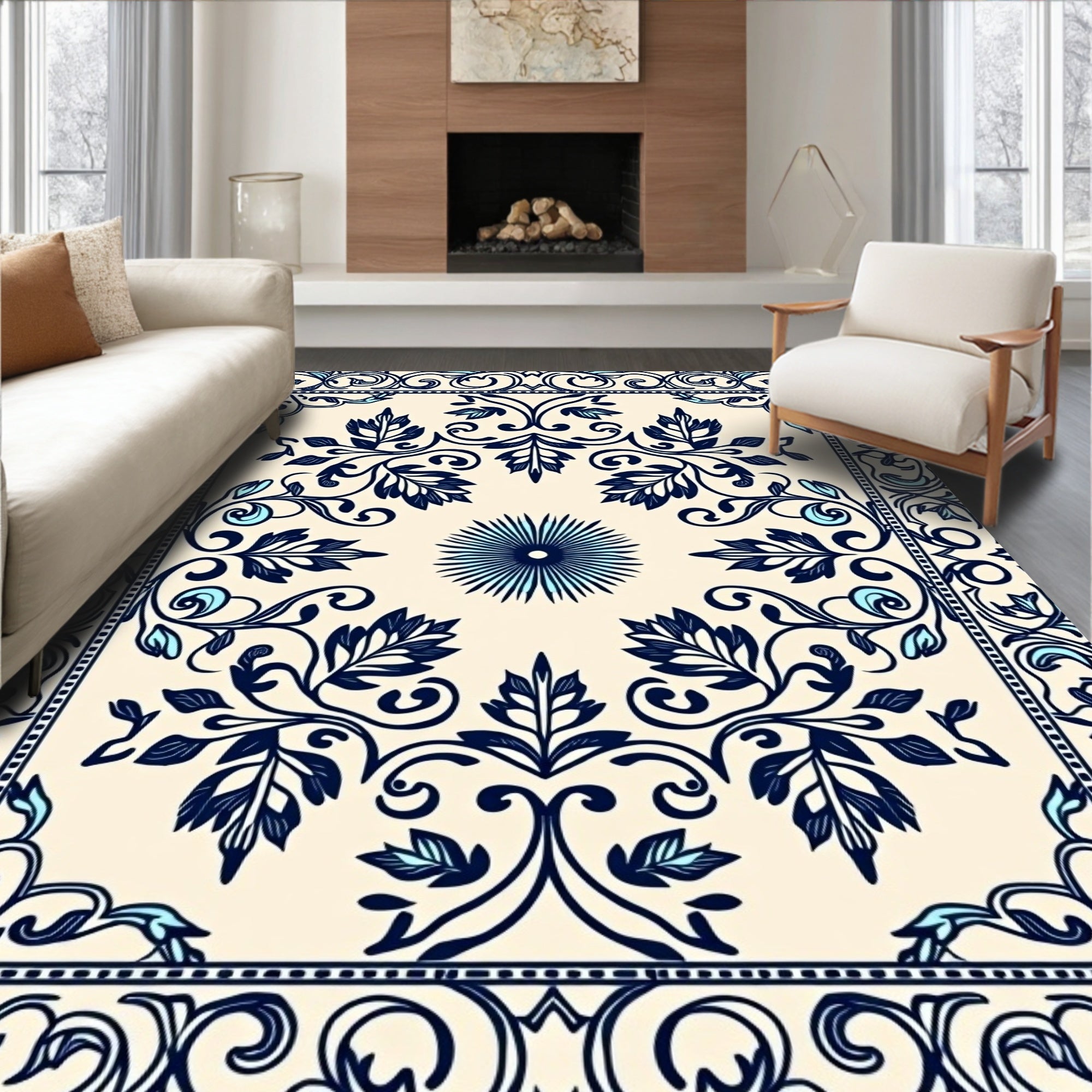 Navy Blue Floral Classic Ornament Rug