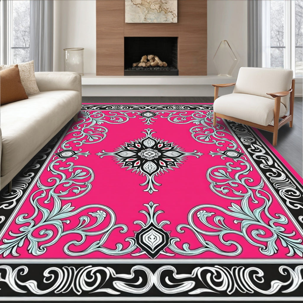 Exotic Pink Floral Scroll Design Rug