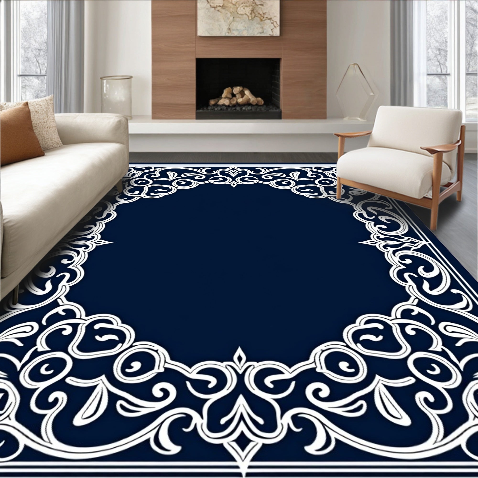 Ornate Floral Scrollwork White Border Rug