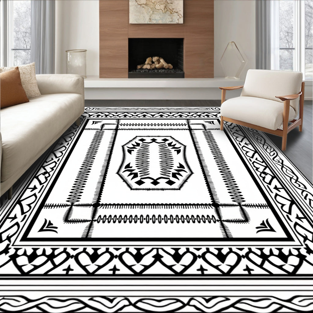 Intricate Black White Geometric Pattern Rug
