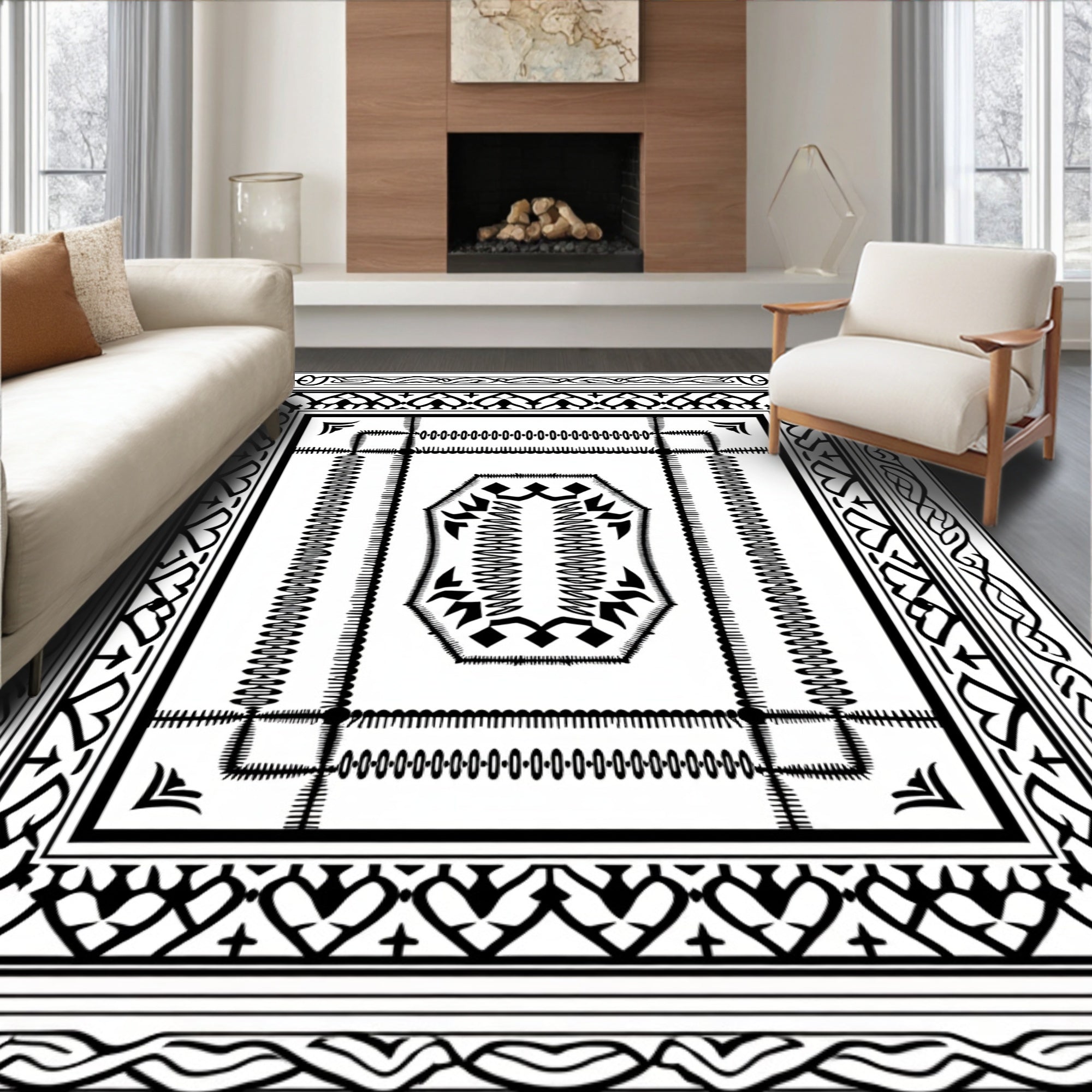 Intricate Black White Geometric Pattern Rug