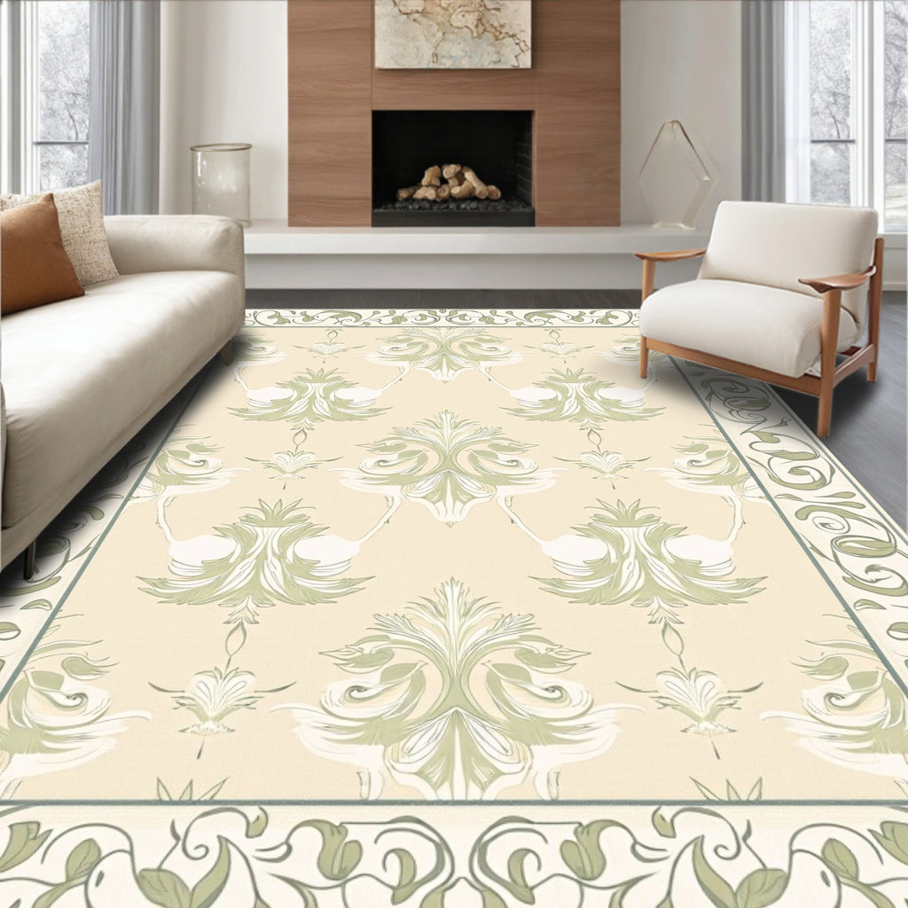 Pastel Cream Floral Crane Motif Rug