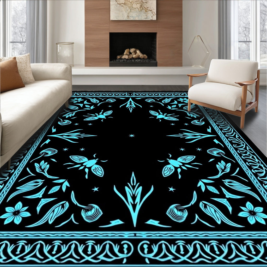 Whimsical Cyan Insect Floral Pattern Rug