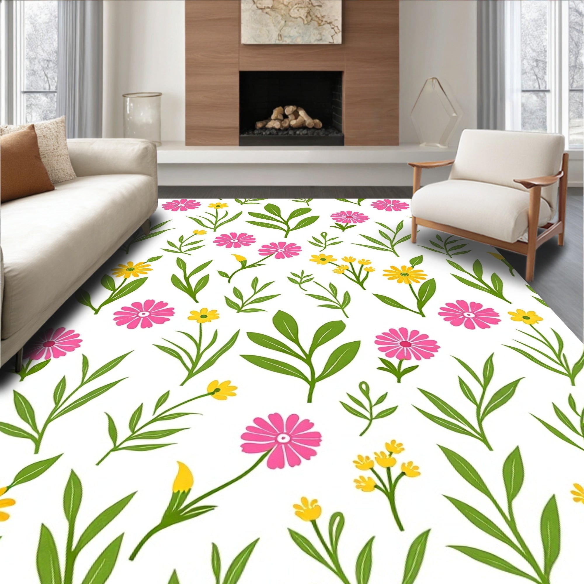Pink Yellow Floral Spring Pattern Rug