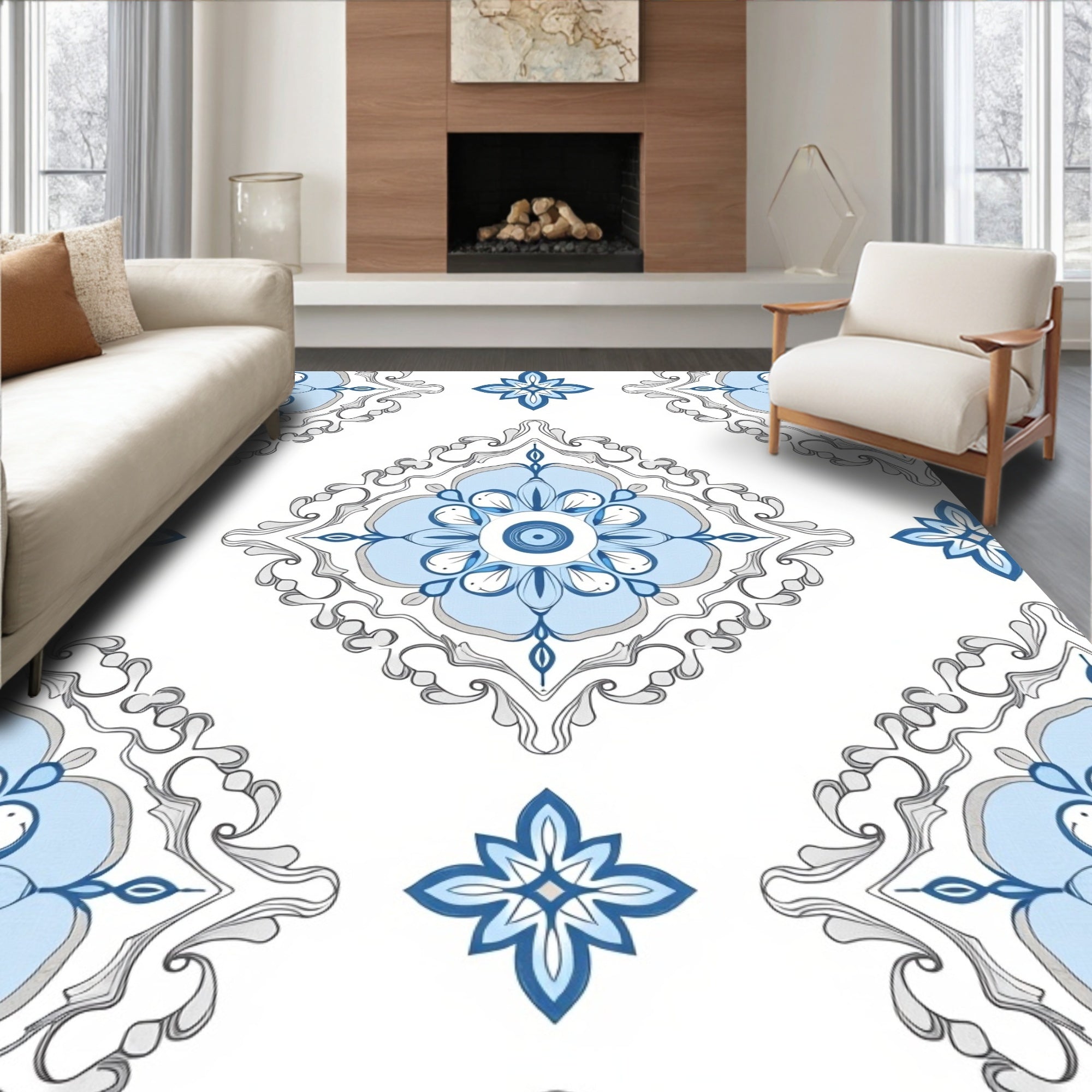 Blue Floral Mandala Pattern Rug