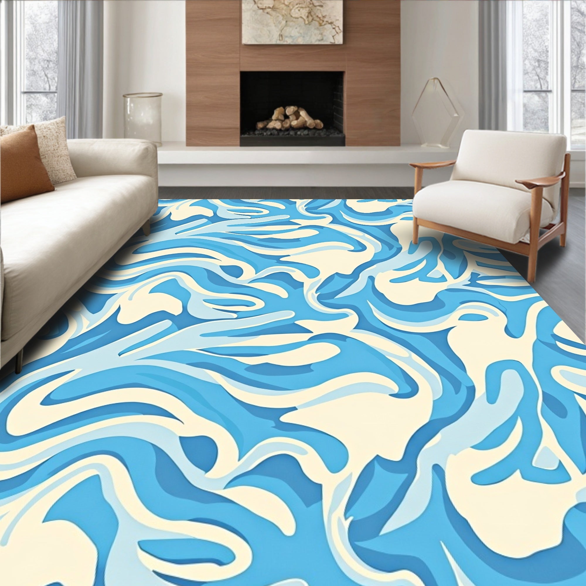 Abstract Blue Cream Swirl Pattern Rug