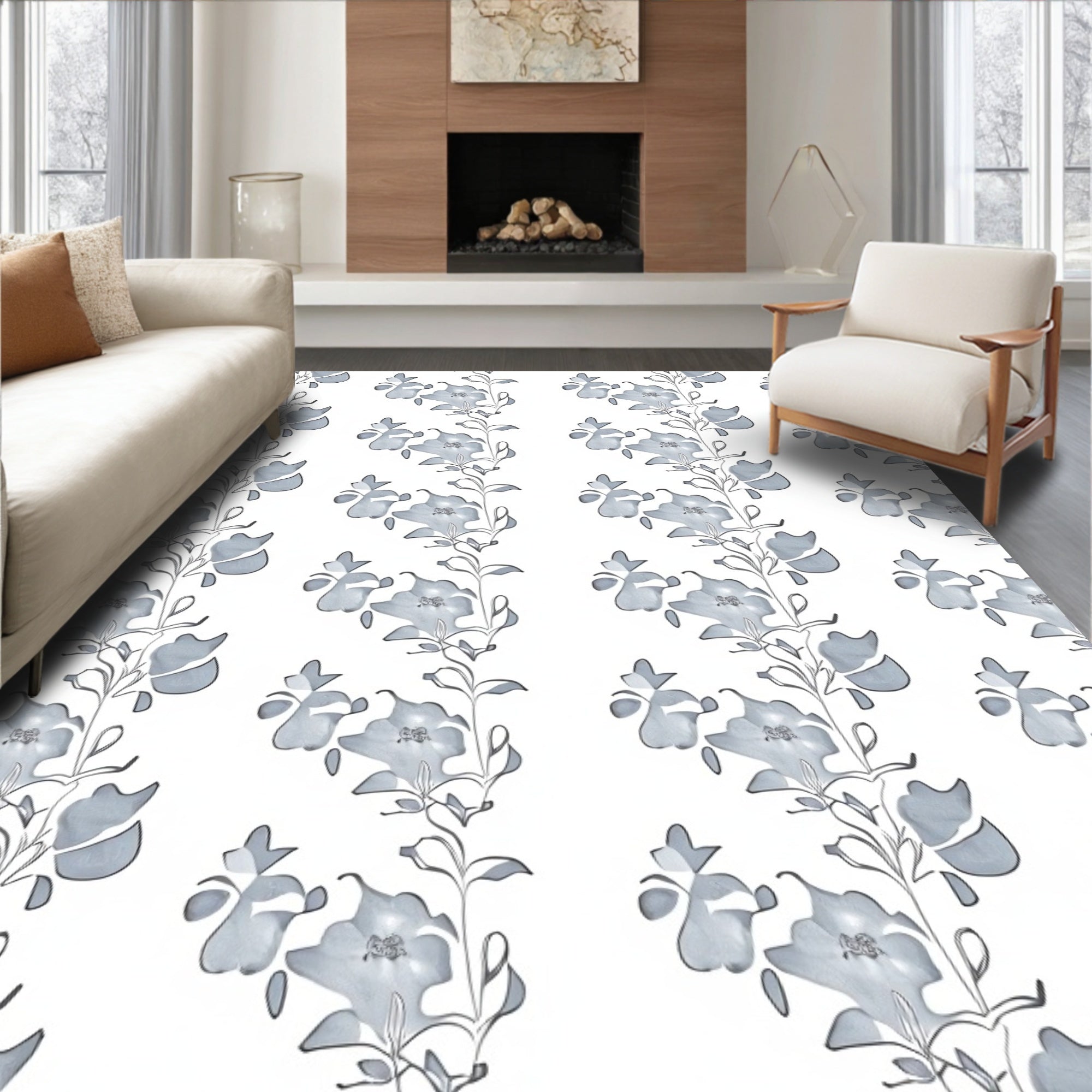 Delicate Blue Floral Vine Pattern Rug