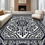 Classic Black White Floral Medallion Design Rug