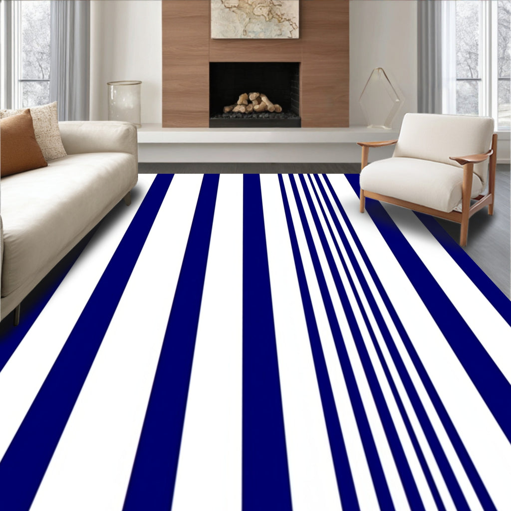 Bold Blue White Vertical Stripe Design Rug