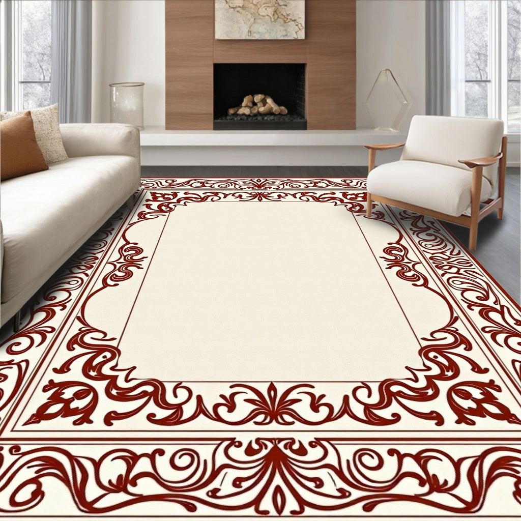 Elegant Red Floral Traditional Frame Rug
